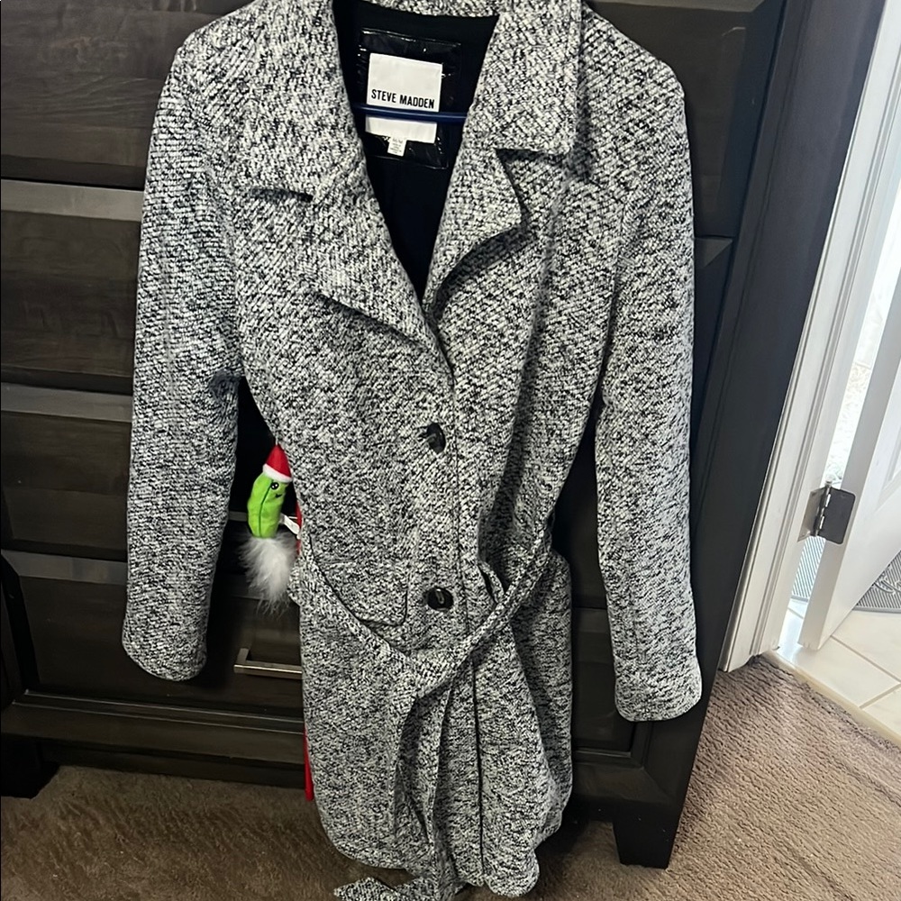 Steve Madden Black and Gray Pea Coat with Lapel Collar